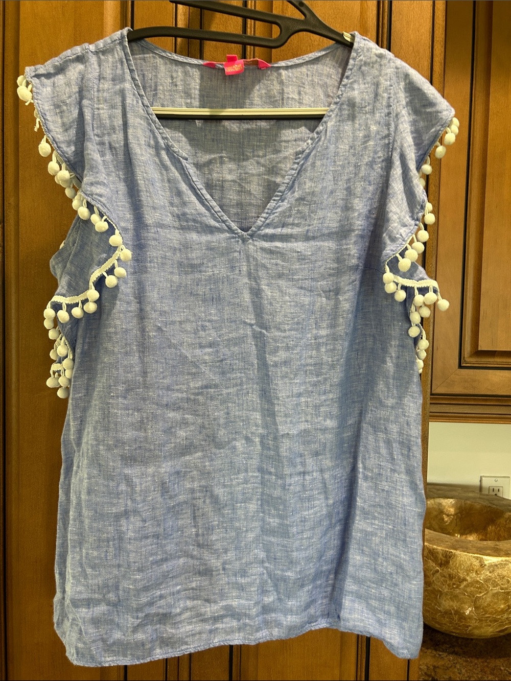Lilly Pulitzer Light Blue V-Neck Tank with Cream Pom-Poms